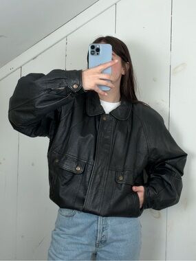 Vintage Global Identity G-III Black Genuine Leather Bomber Jacket Mens Large 90s